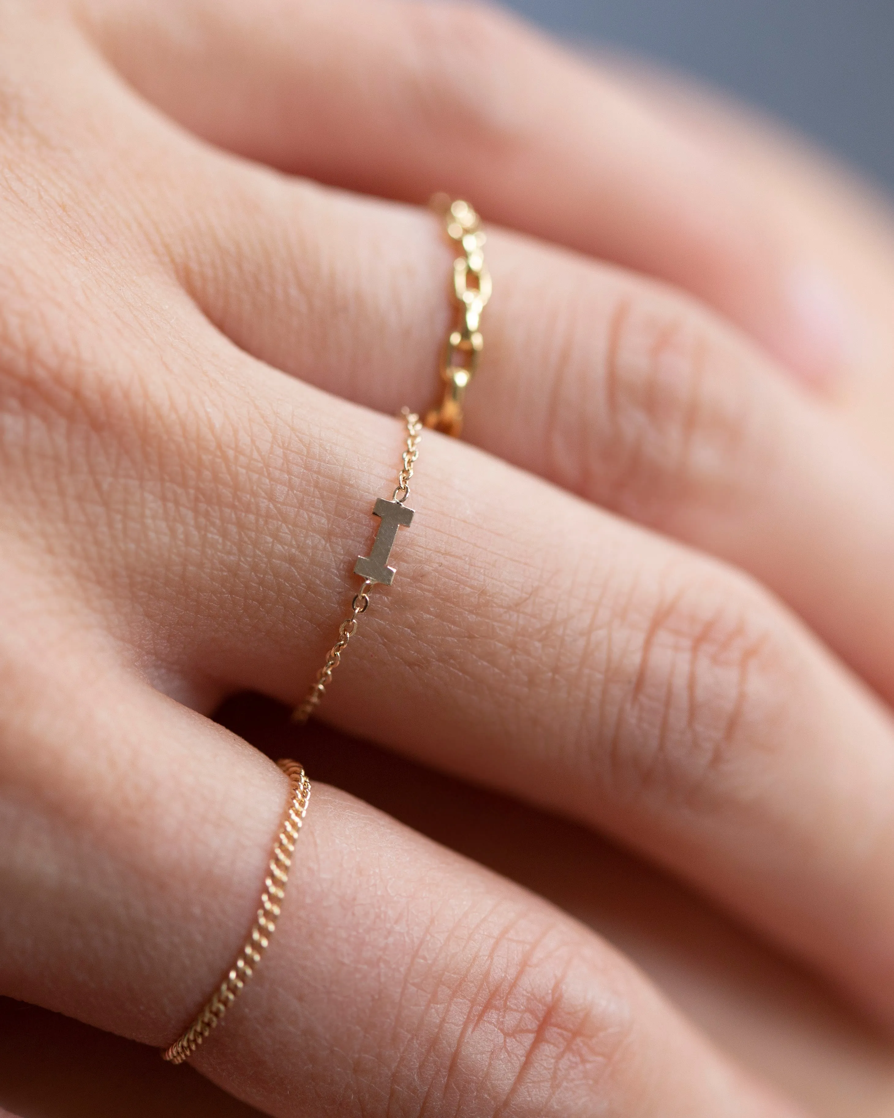 14k Dainty Chain Block letter Initial Ring