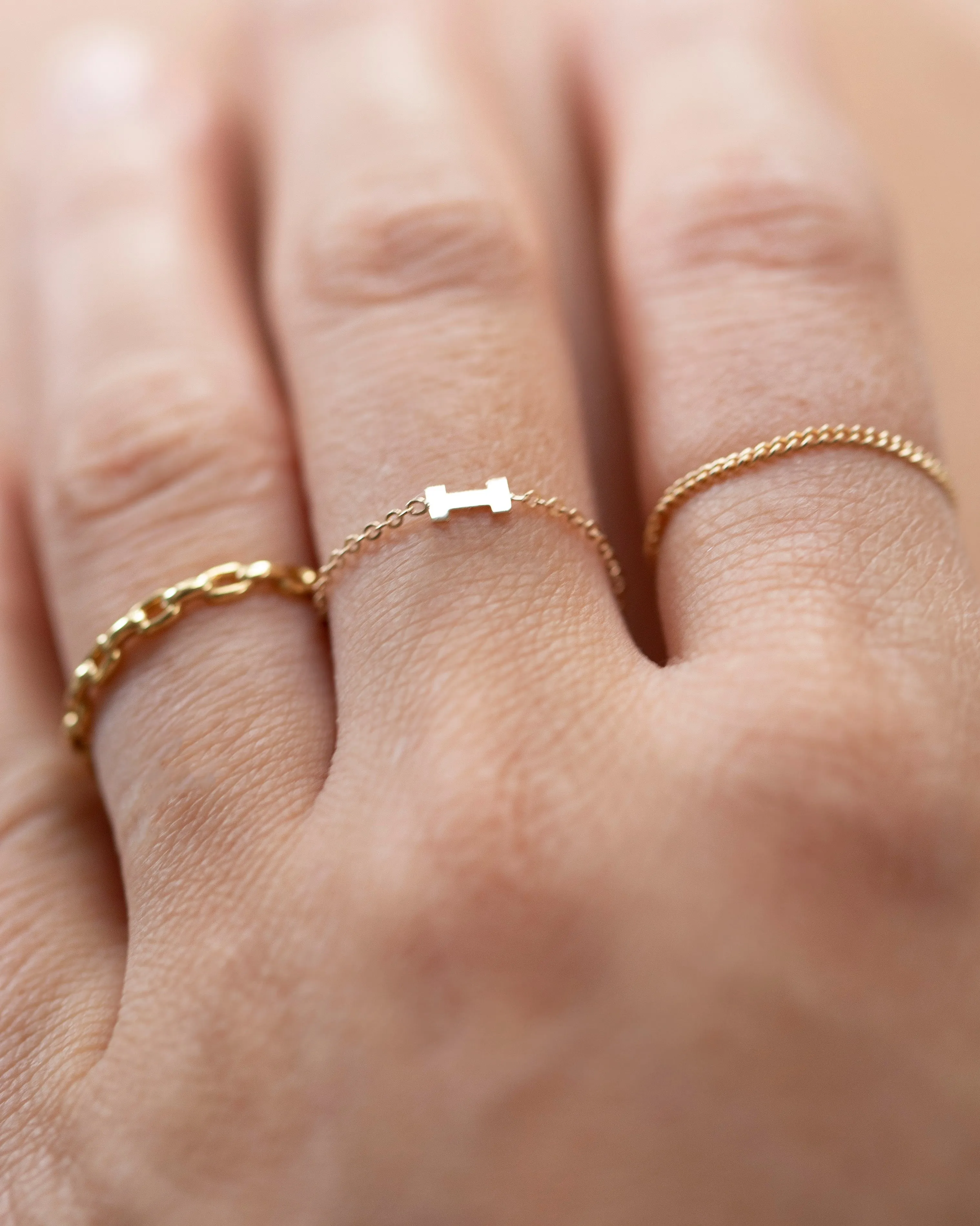 14k Dainty Chain Block letter Initial Ring