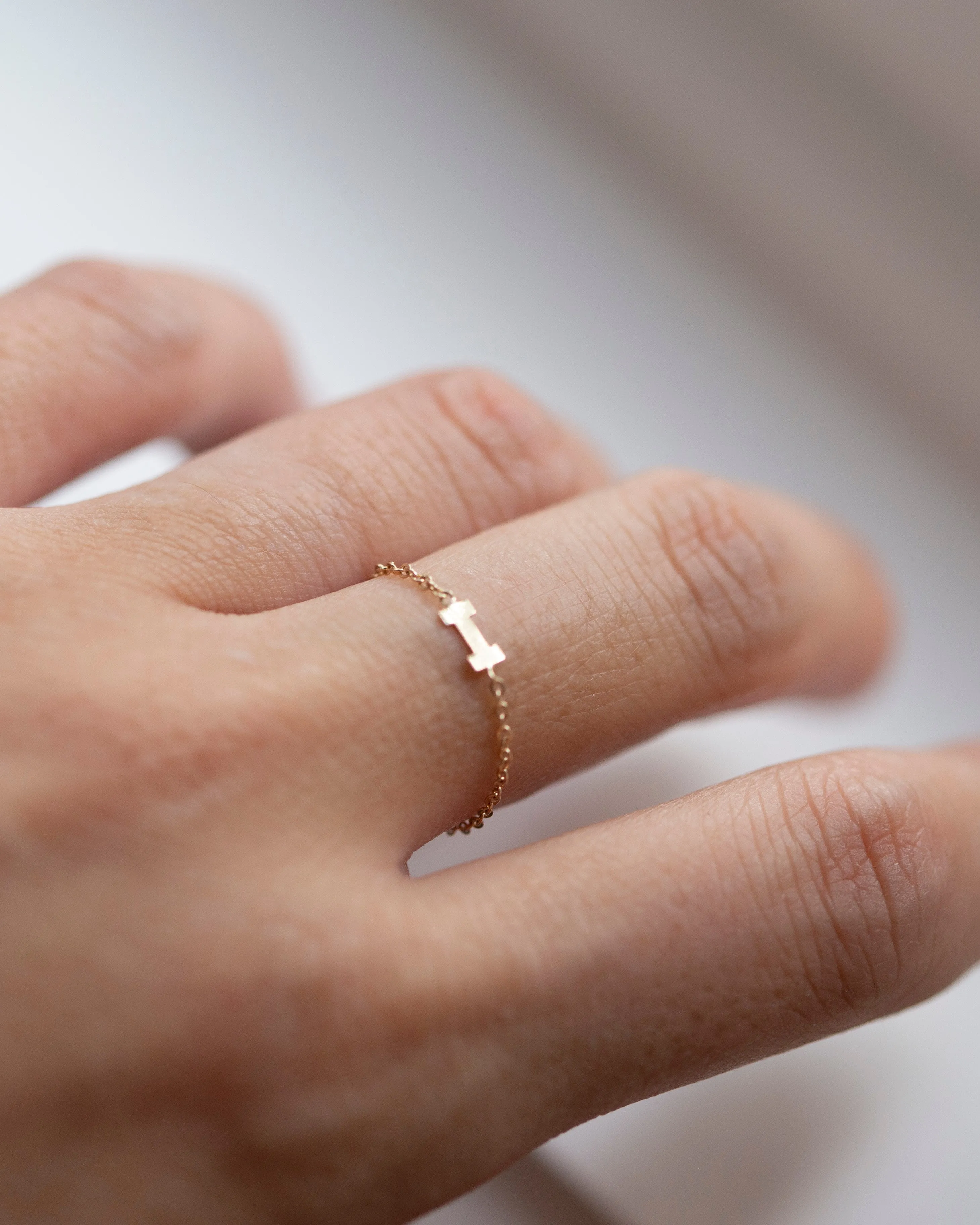 14k Dainty Chain Block letter Initial Ring