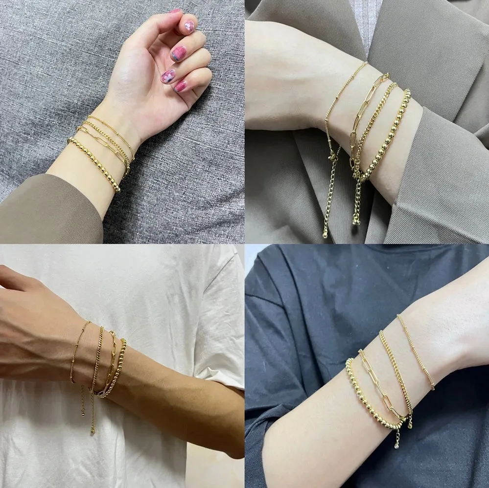 14K Gold Plated Stretchable Elastic Beaded Ball Bracelets with Paperclip Link