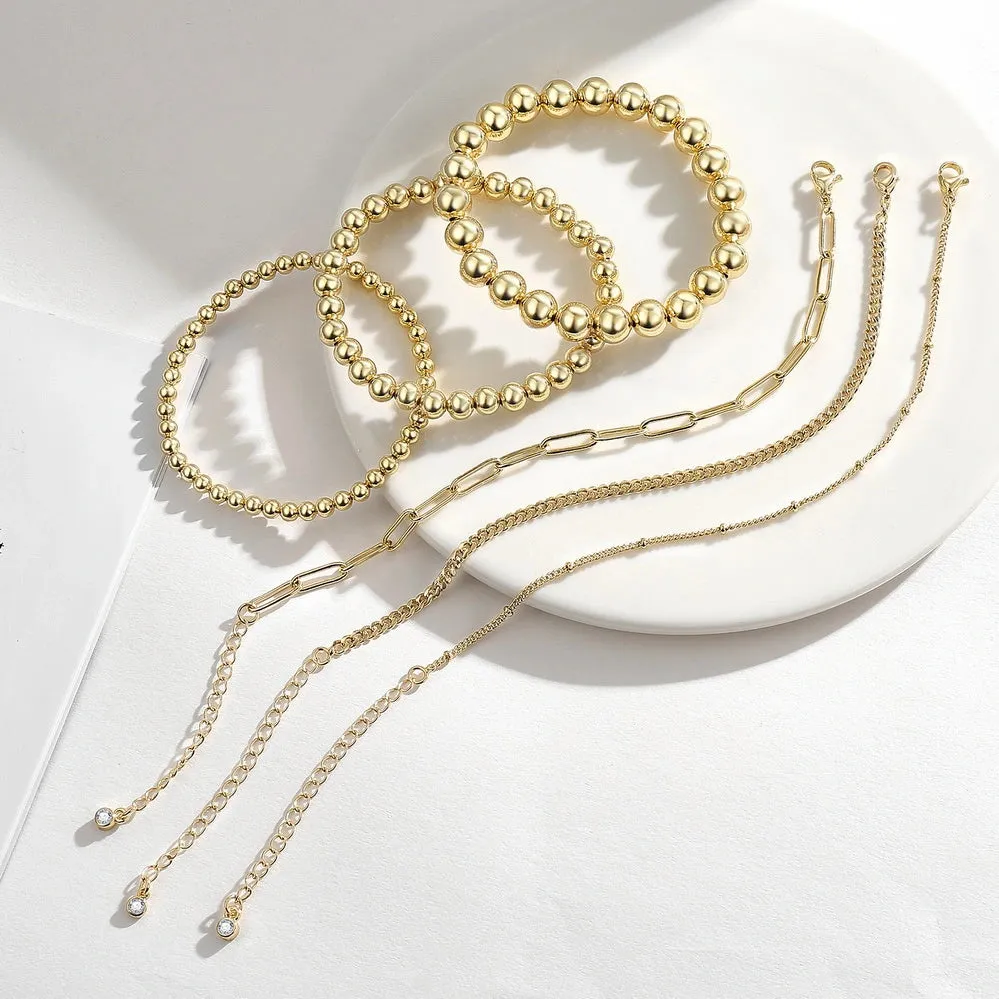 14K Gold Plated Stretchable Elastic Beaded Ball Bracelets with Paperclip Link