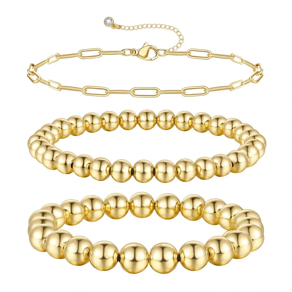 14K Gold Plated Stretchable Elastic Beaded Ball Bracelets with Paperclip Link