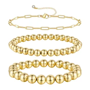 14K Gold Plated Stretchable Elastic Beaded Ball Bracelets with Paperclip Link