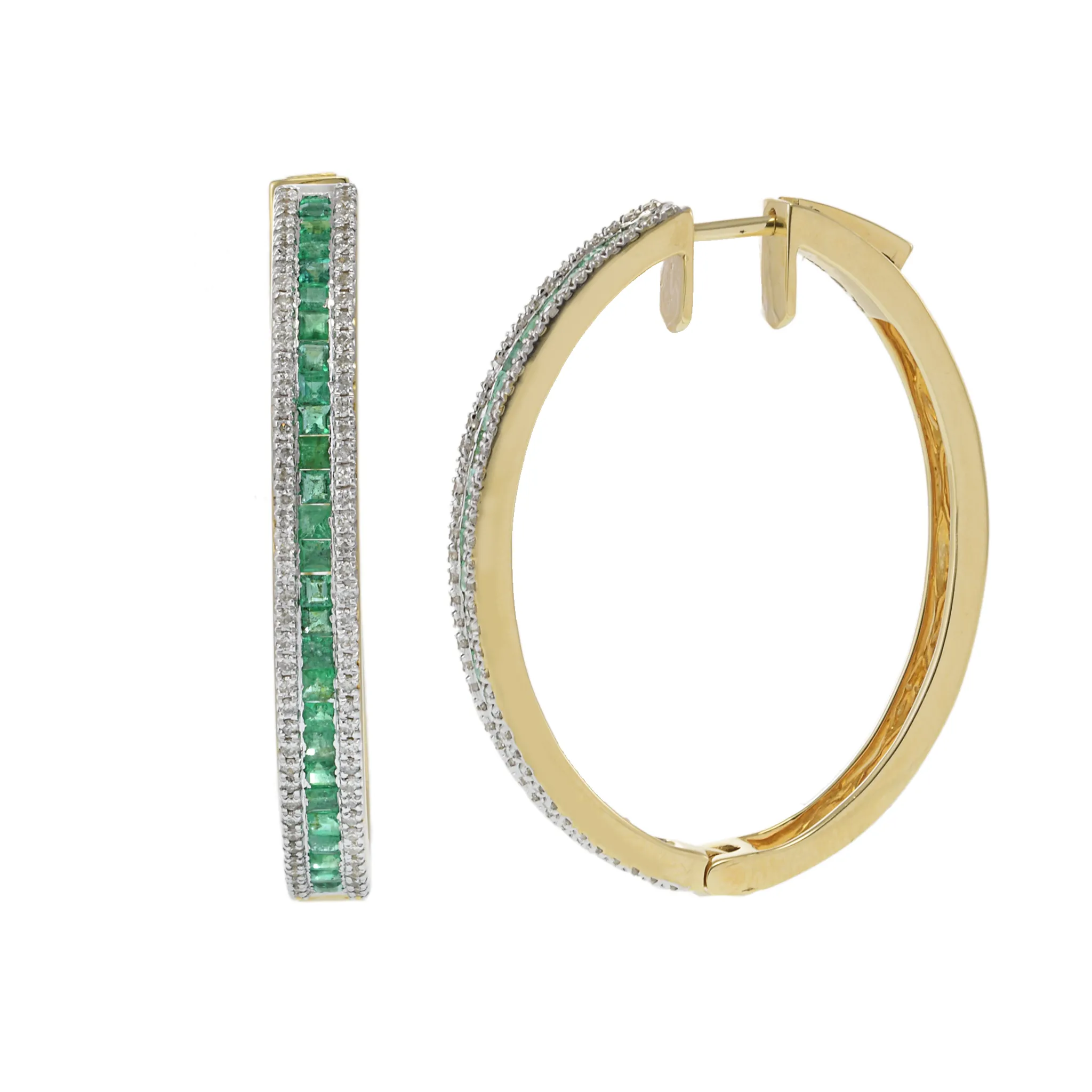 14KT Yellow Gold Oval Hoop Earrings with Round Cut Diamonds and Emeralds