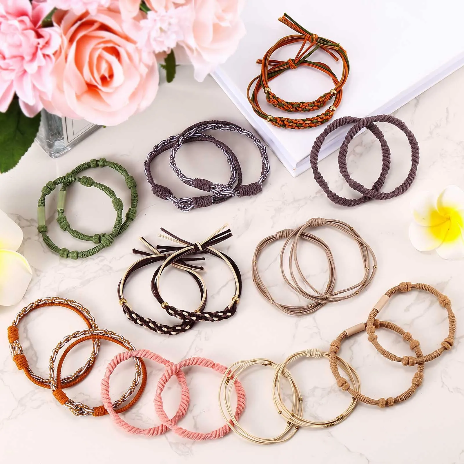 20 Boho Hair Ties in 5 Styles, 10 Colors - Cute Bracelets for Thin and Thick Hair, No Damage Elastics