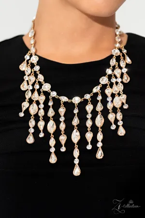 Alluring - 2023 Zi Collection - White Rhinestone Gold Paparazzi Statement Short Necklace