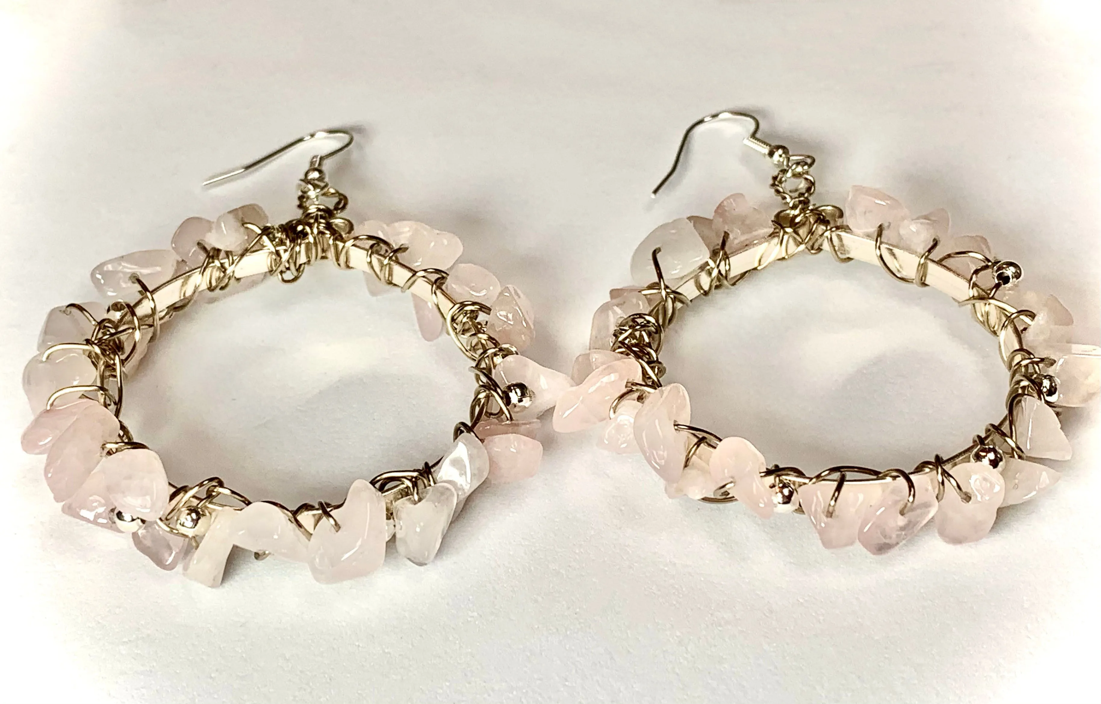 Aphrodite Handmade Genuine Rose Quartz Wire Wrapped Hoop Earrings