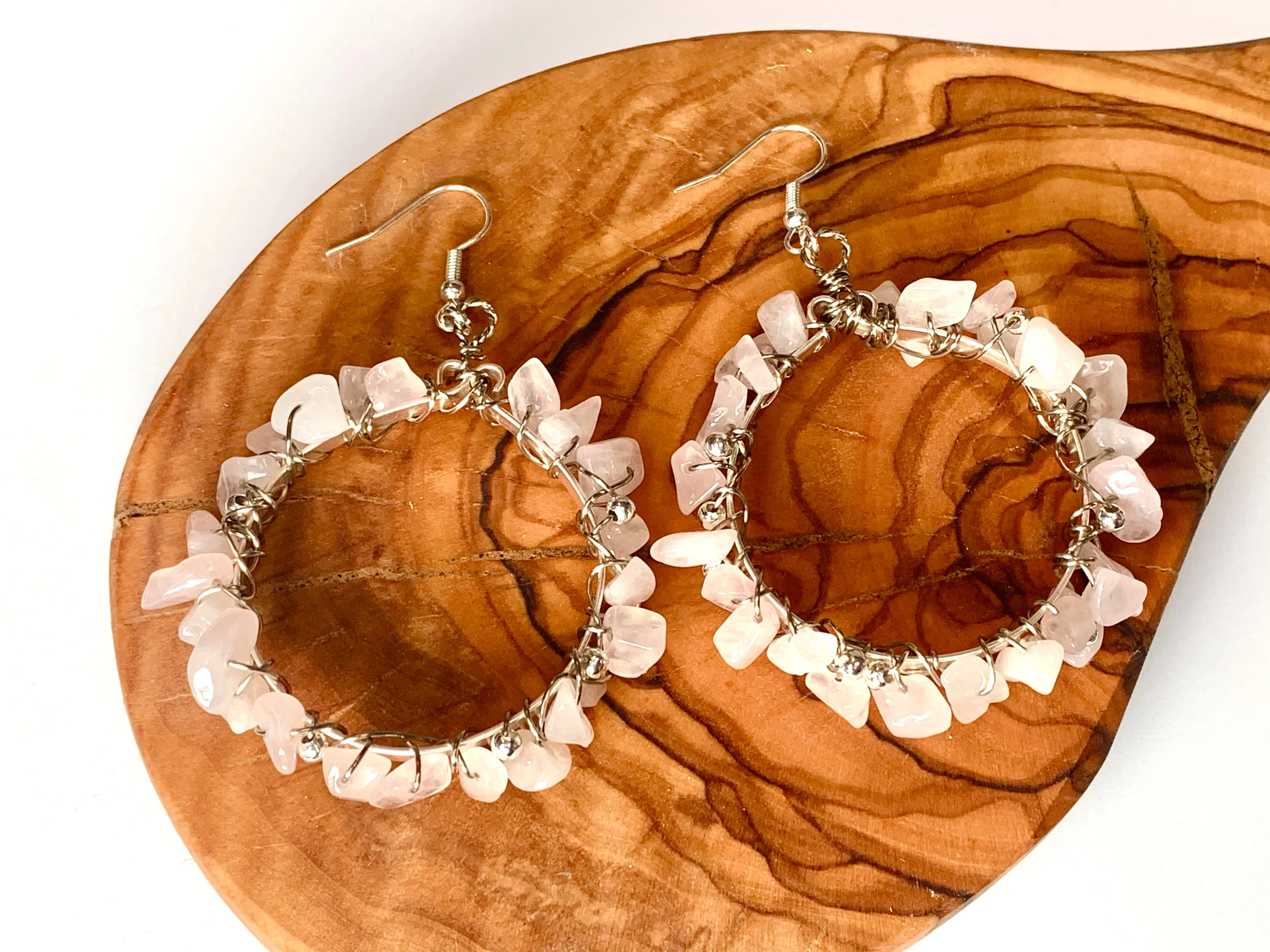 Aphrodite Handmade Genuine Rose Quartz Wire Wrapped Hoop Earrings