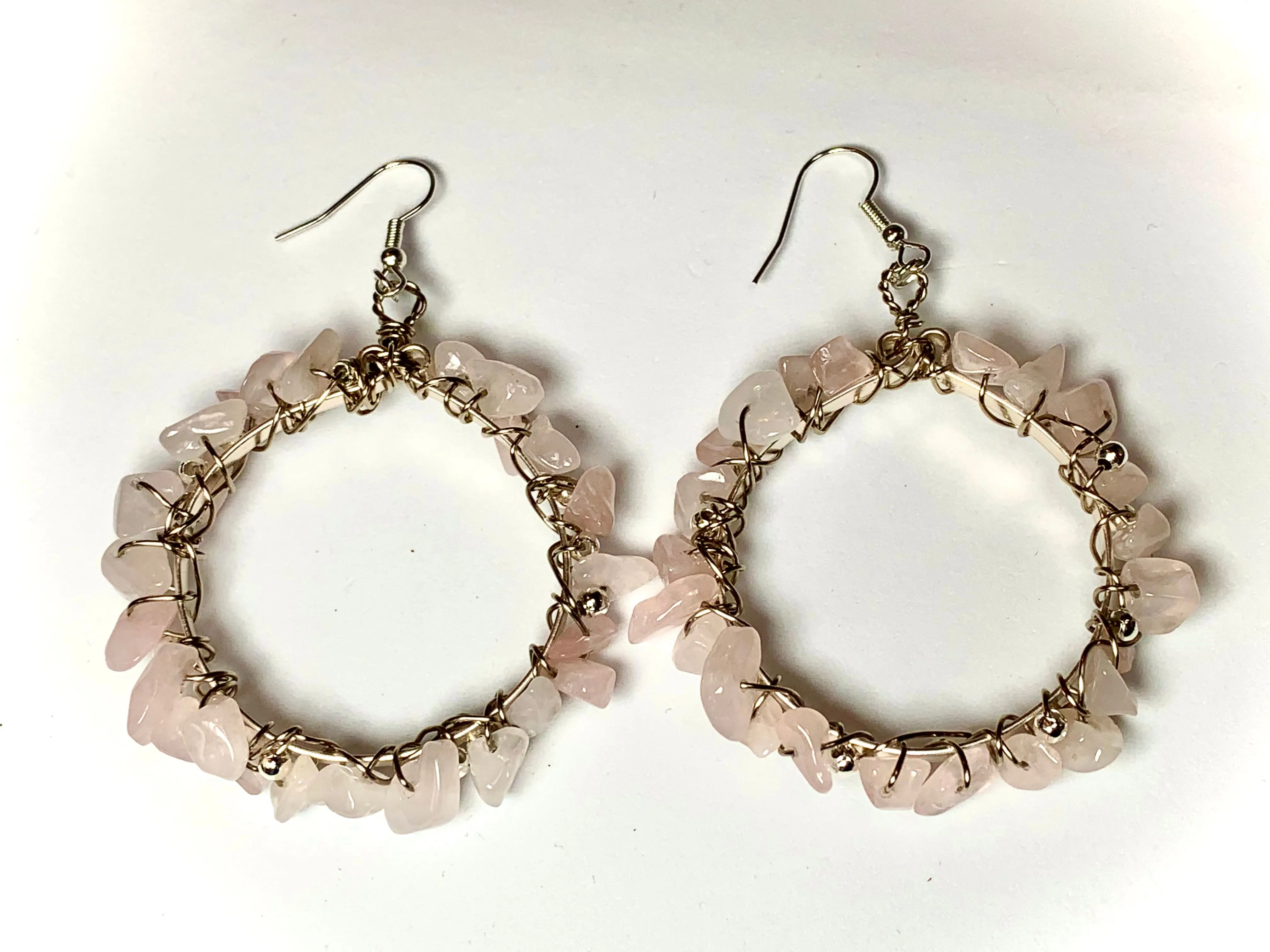 Aphrodite Handmade Genuine Rose Quartz Wire Wrapped Hoop Earrings