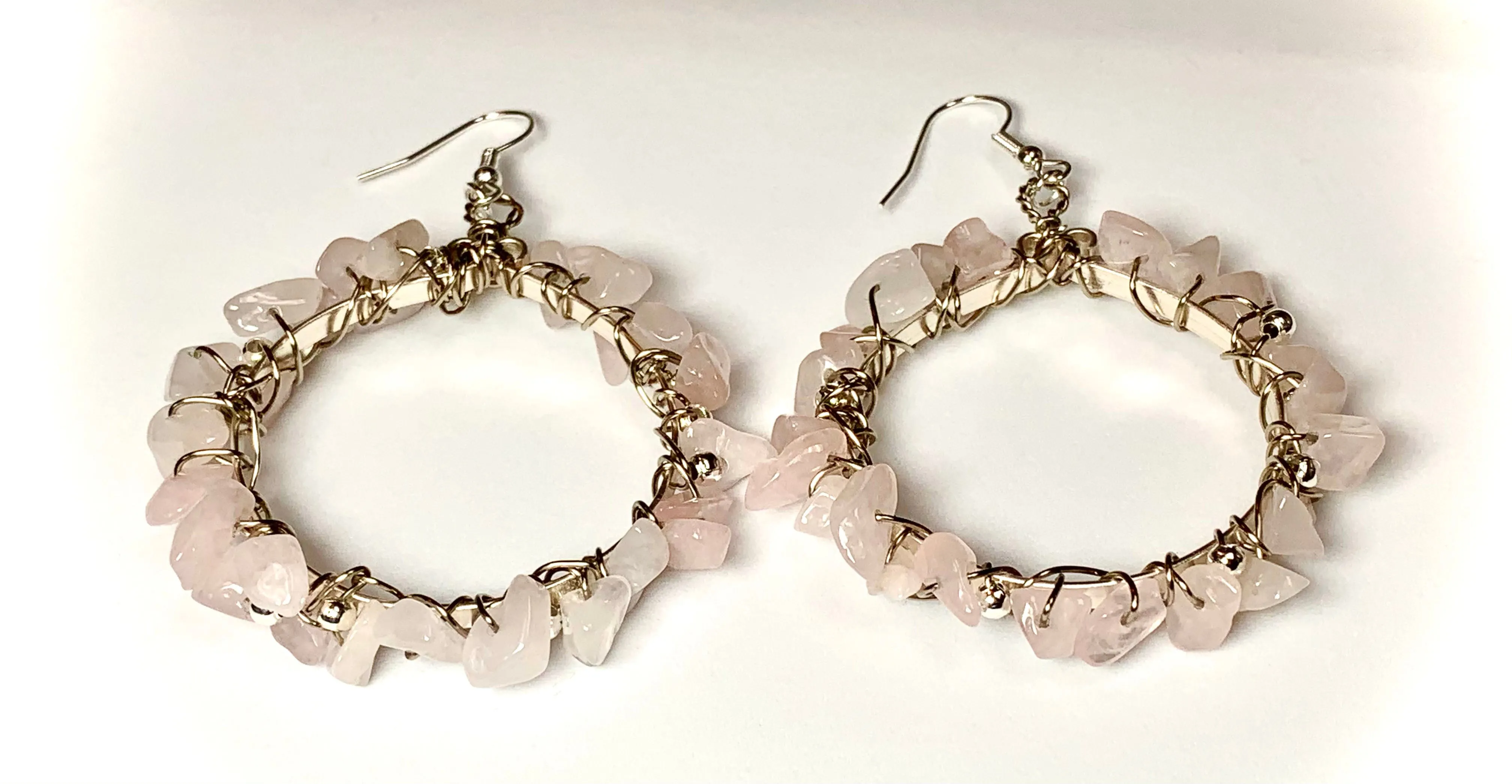 Aphrodite Handmade Genuine Rose Quartz Wire Wrapped Hoop Earrings