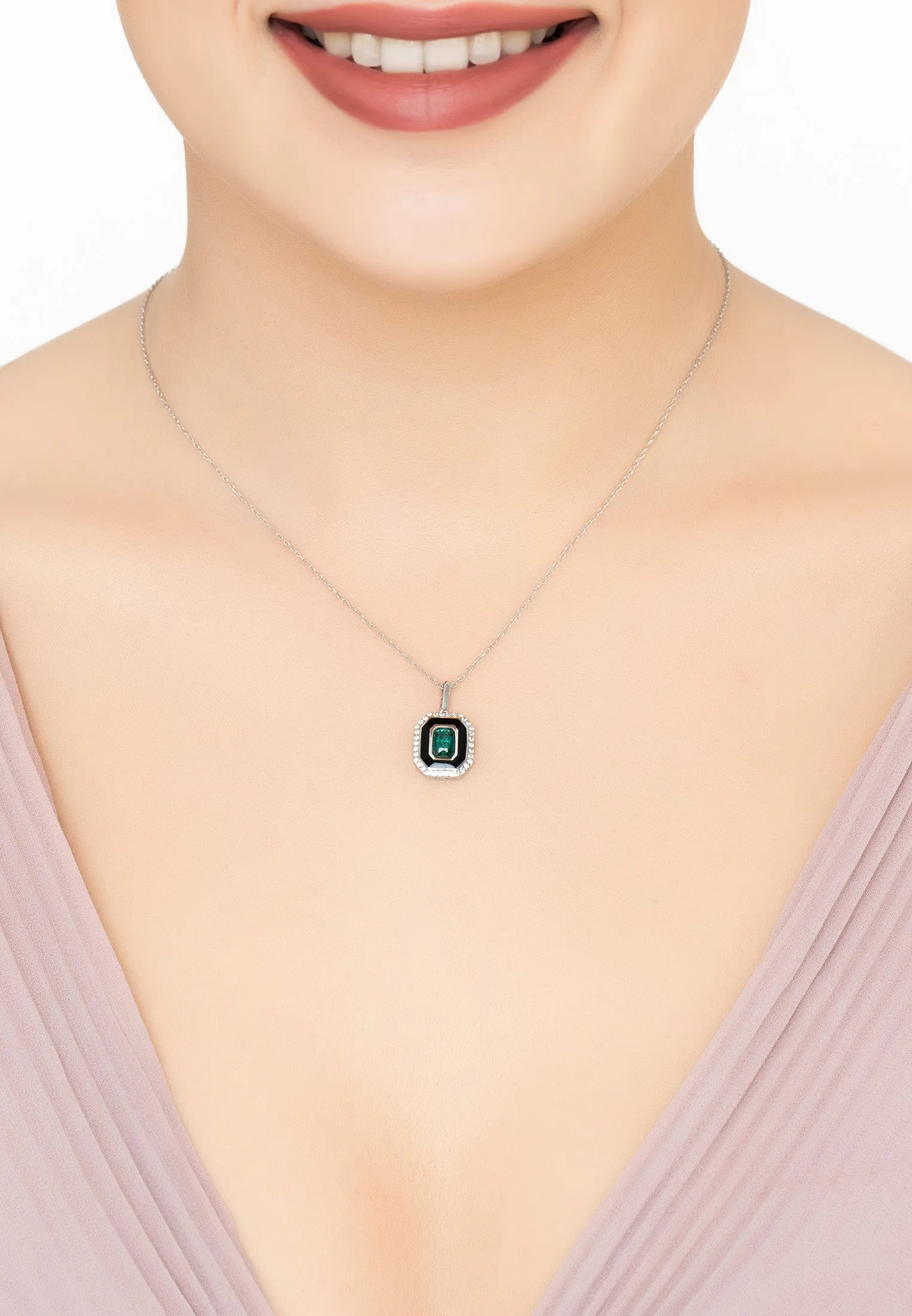 Art Deco Emerald And Enamel Pendant Necklace Silver