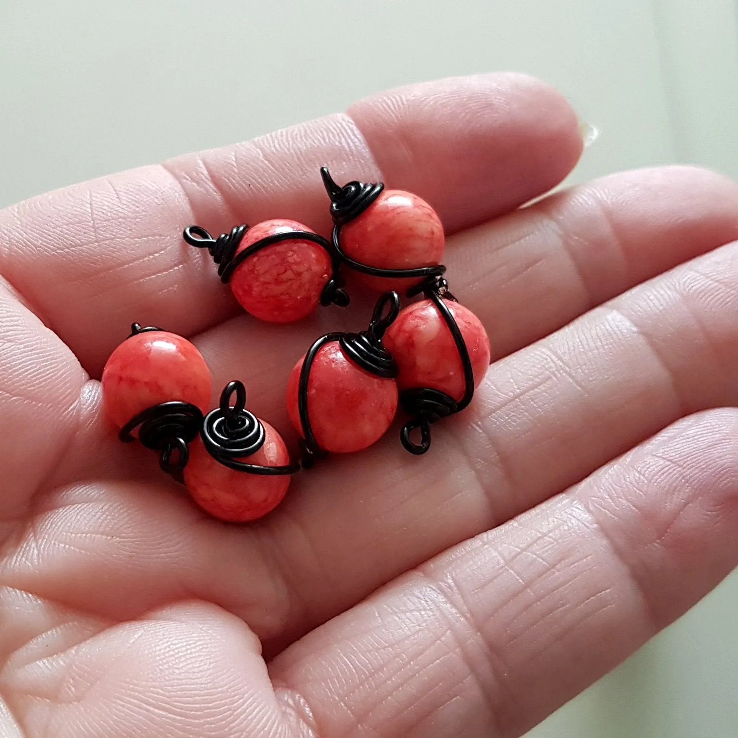 Bead Charm Black Wire Wrapped Peach Dyed Stone 10 mm 3pc Pack | WB-005D