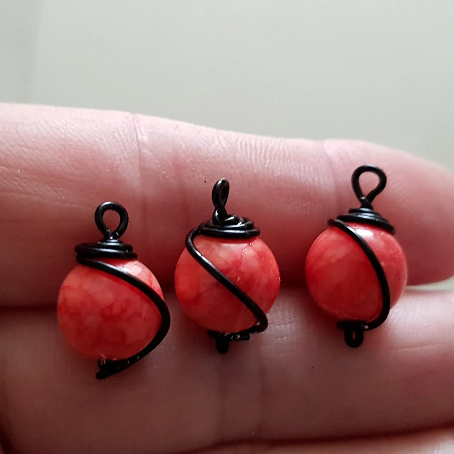 Bead Charm Black Wire Wrapped Peach Dyed Stone 10 mm 3pc Pack | WB-005D