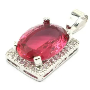 Big Oval Created Pink Tourmaline CZ Pendant Necklace