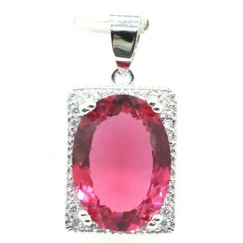 Big Oval Created Pink Tourmaline CZ Pendant Necklace