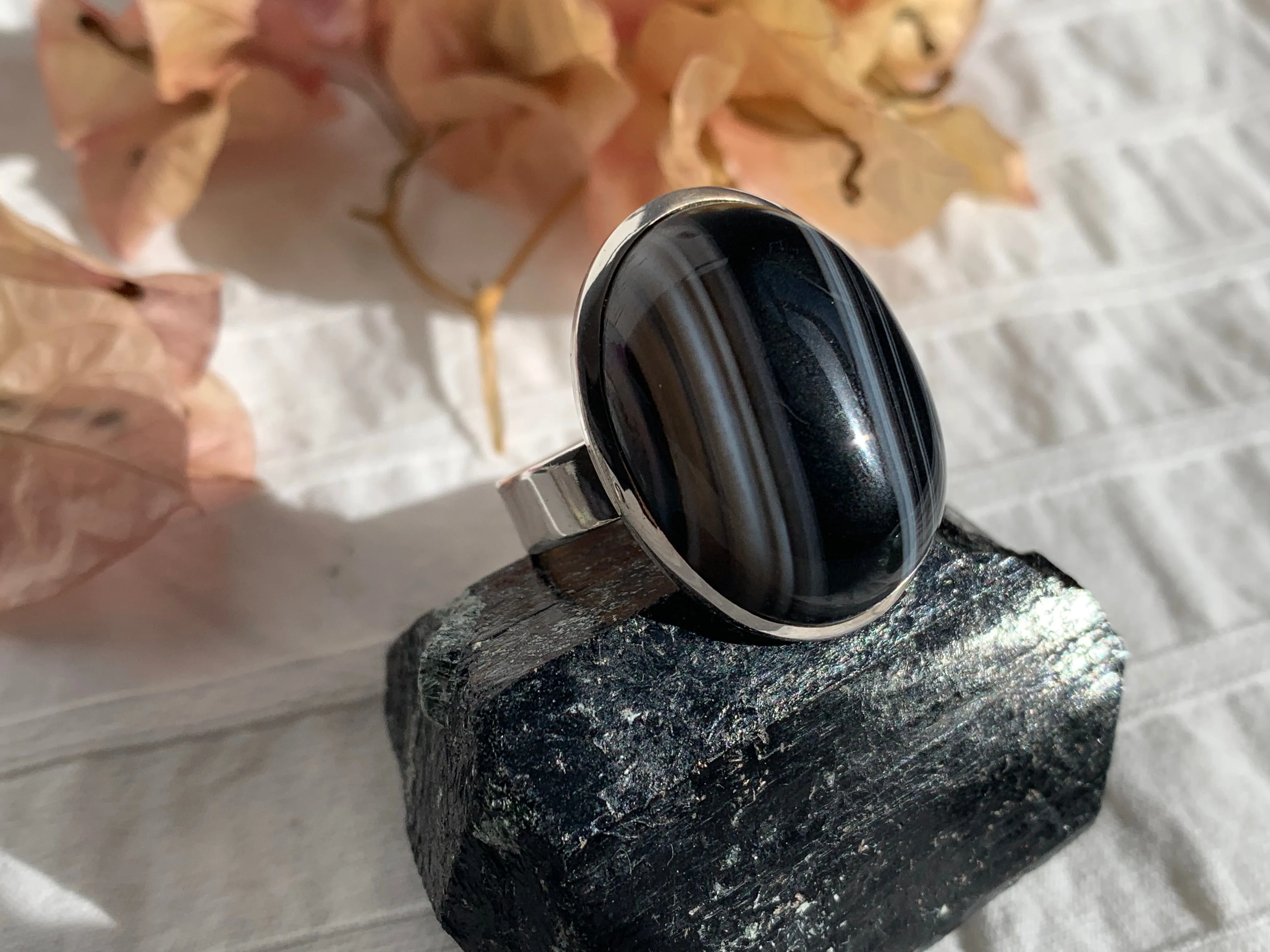 Black Banded Agate Adjustable Ring - B