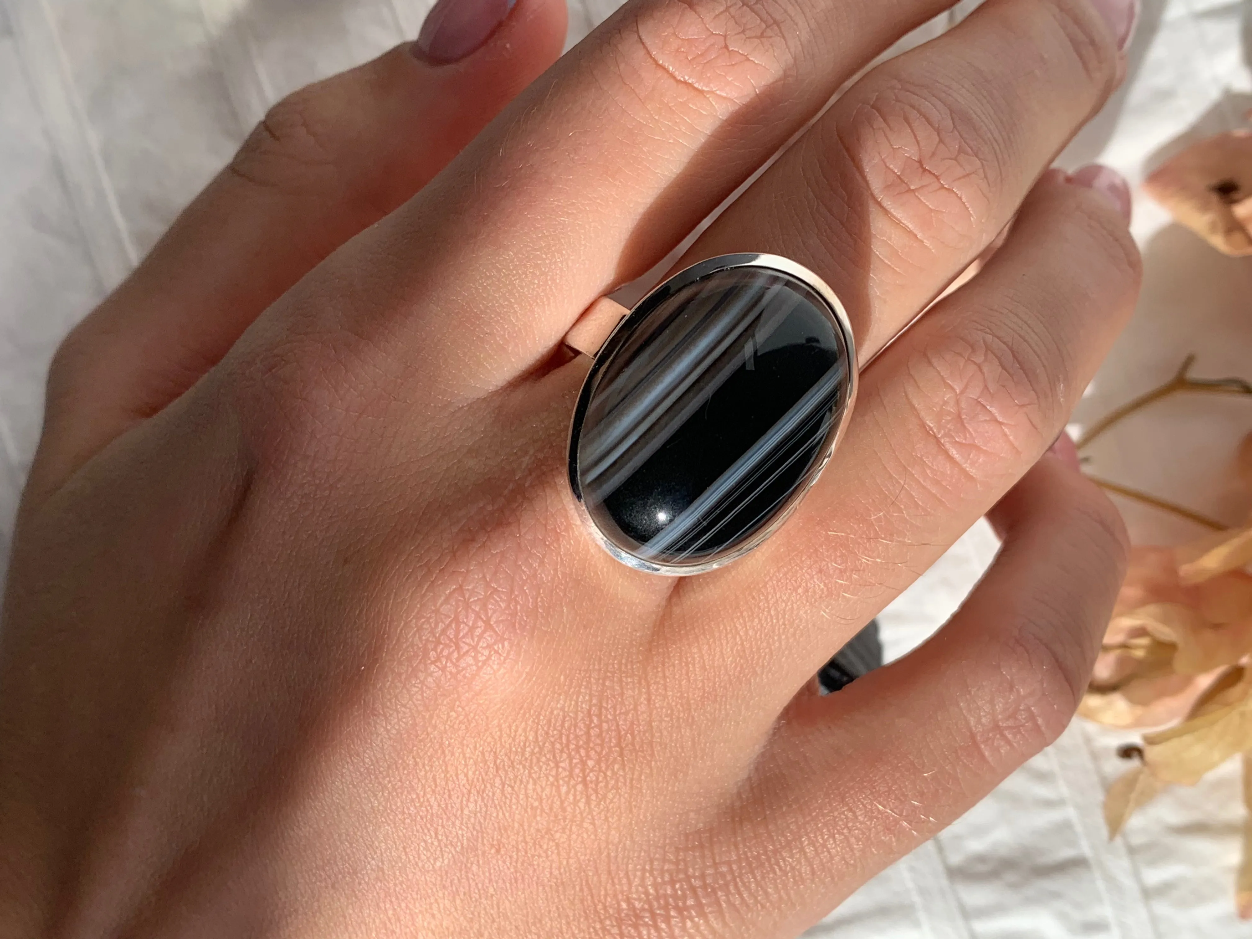 Black Banded Agate Adjustable Ring - B