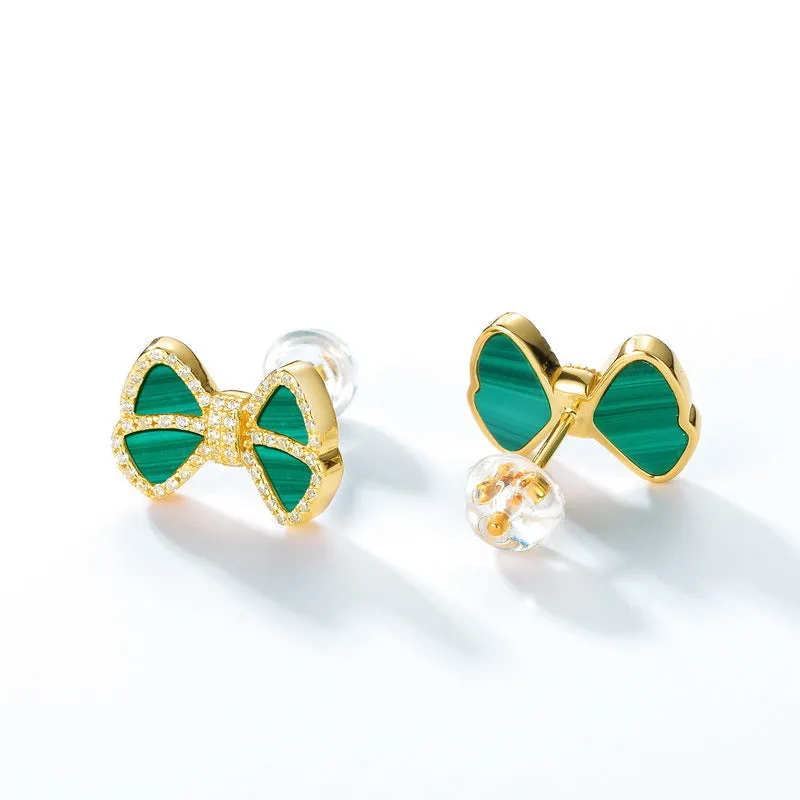 Bow Malachite Stud Earrings -Gold Vermeil