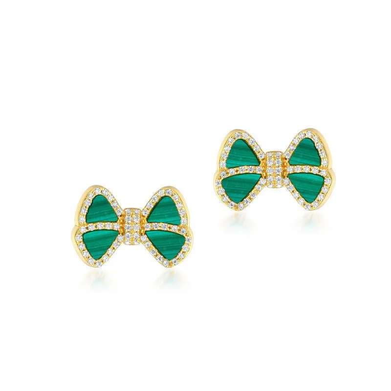 Bow Malachite Stud Earrings -Gold Vermeil