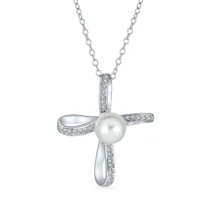 Bridal Necklace Sterling Silver Infinity Cross with Simulated White Pearl Pendant