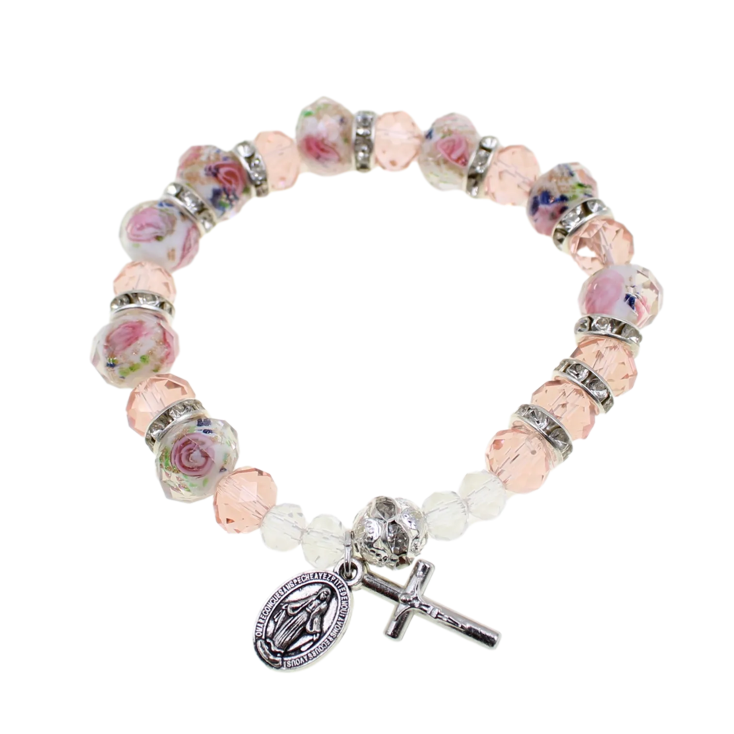 Children's Rose Crystal Bracelet with Miraculous Medal and Crucifix