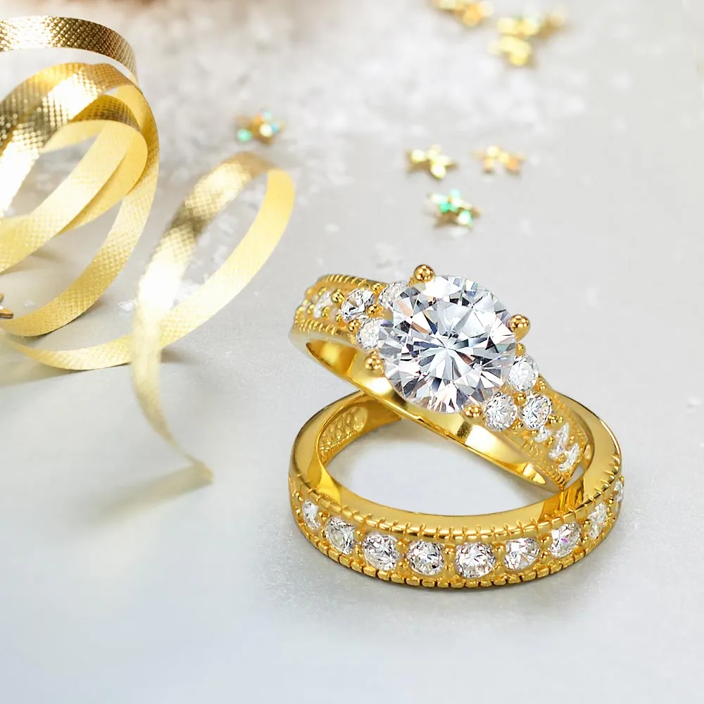 Cocktail Statement Ring: 3CT Round Solitaire with CZ Pave Wedding Band in 14K Gold