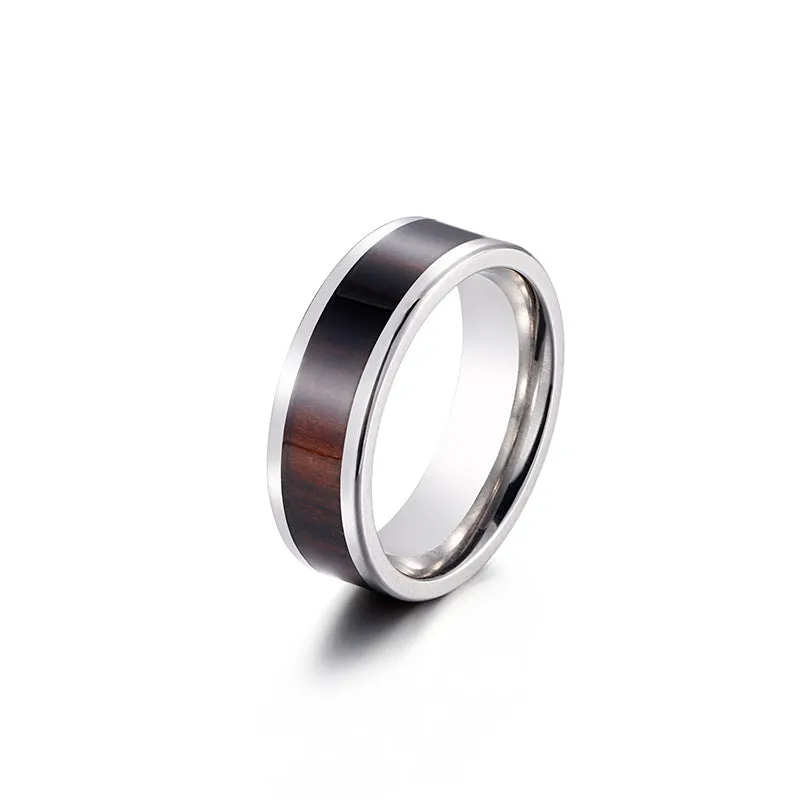 Creative Men's Titanium Steel Rings with Wood Grain Finish - European and American Fashion Jewelry, Wholesale Factory Direct