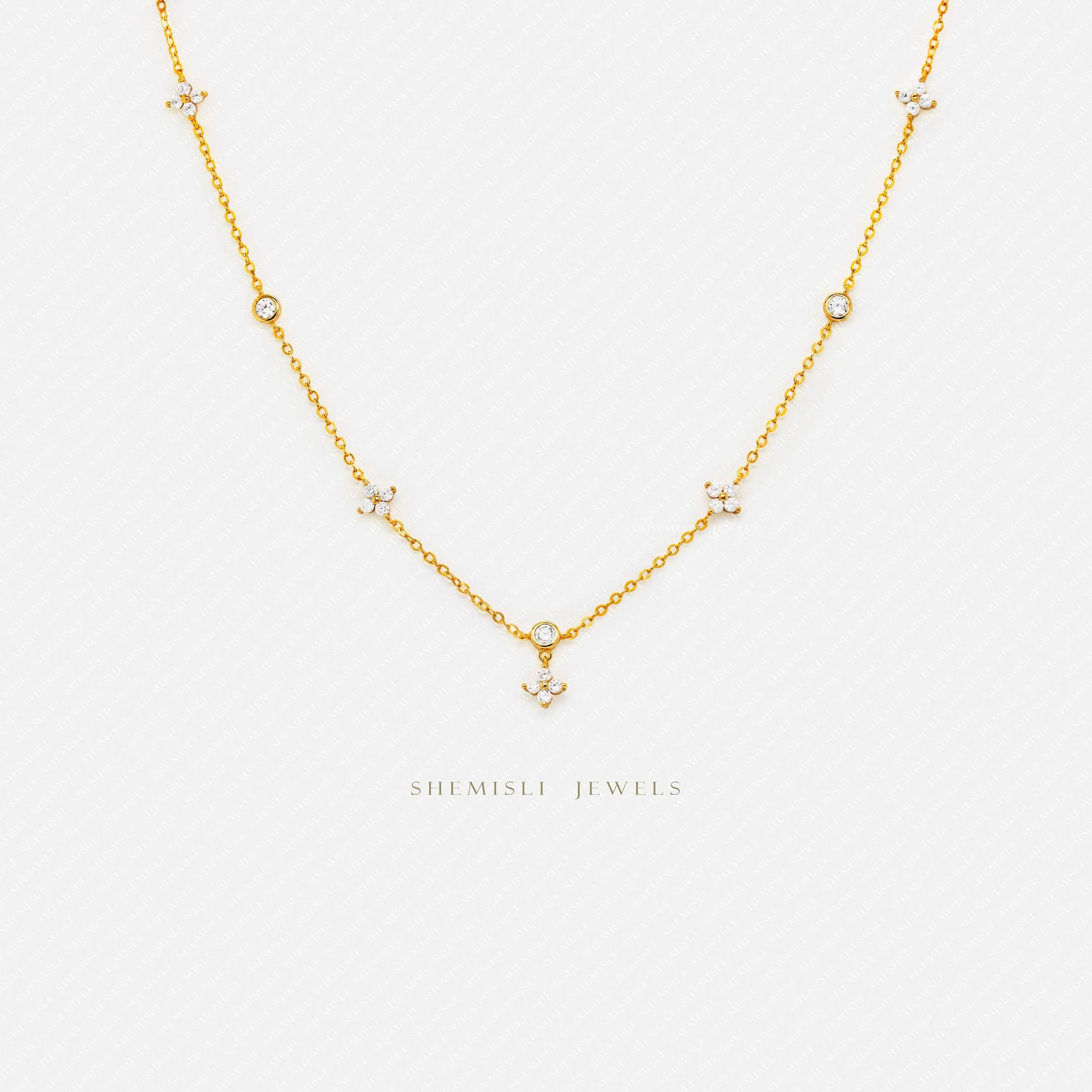 Dainty 4 Petal Flower CZ Necklace, Silver or Gold Plated  (16" 2") SHEMISLI - SN043