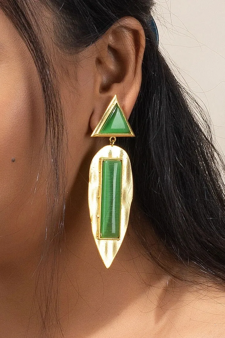 Designer Triangular Green Leaf Dangle Golden Brass Studs Earrings, Non-Allergic, Unique Jewelry