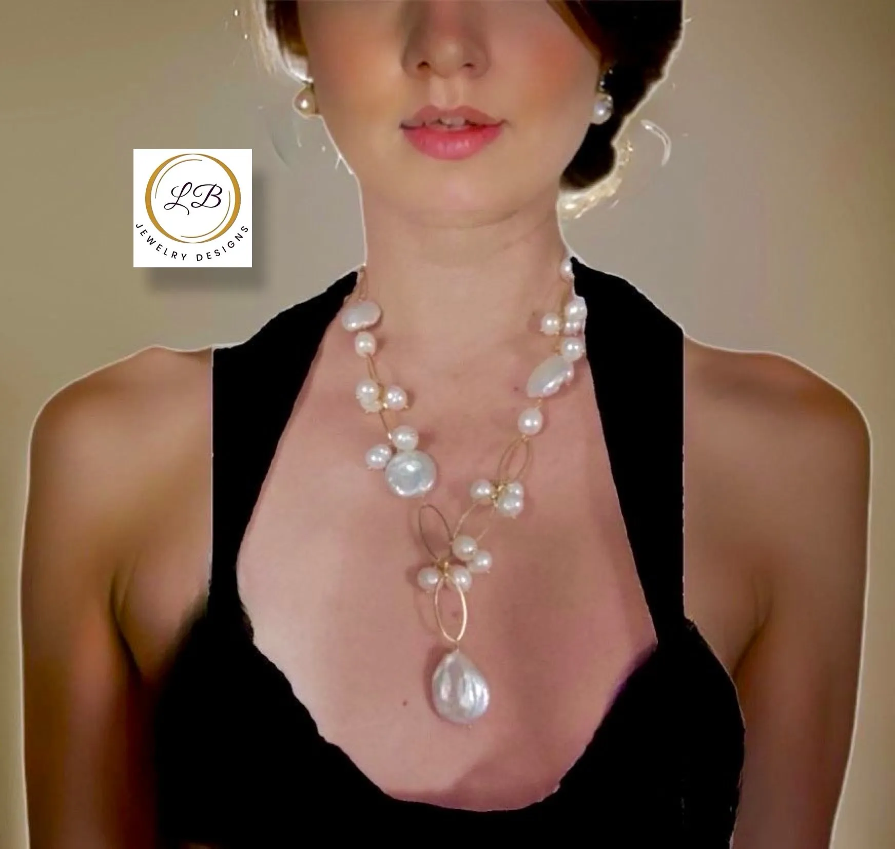 Elegant Freshwater Pearls 18k Gold Chain Statement Necklace 21"