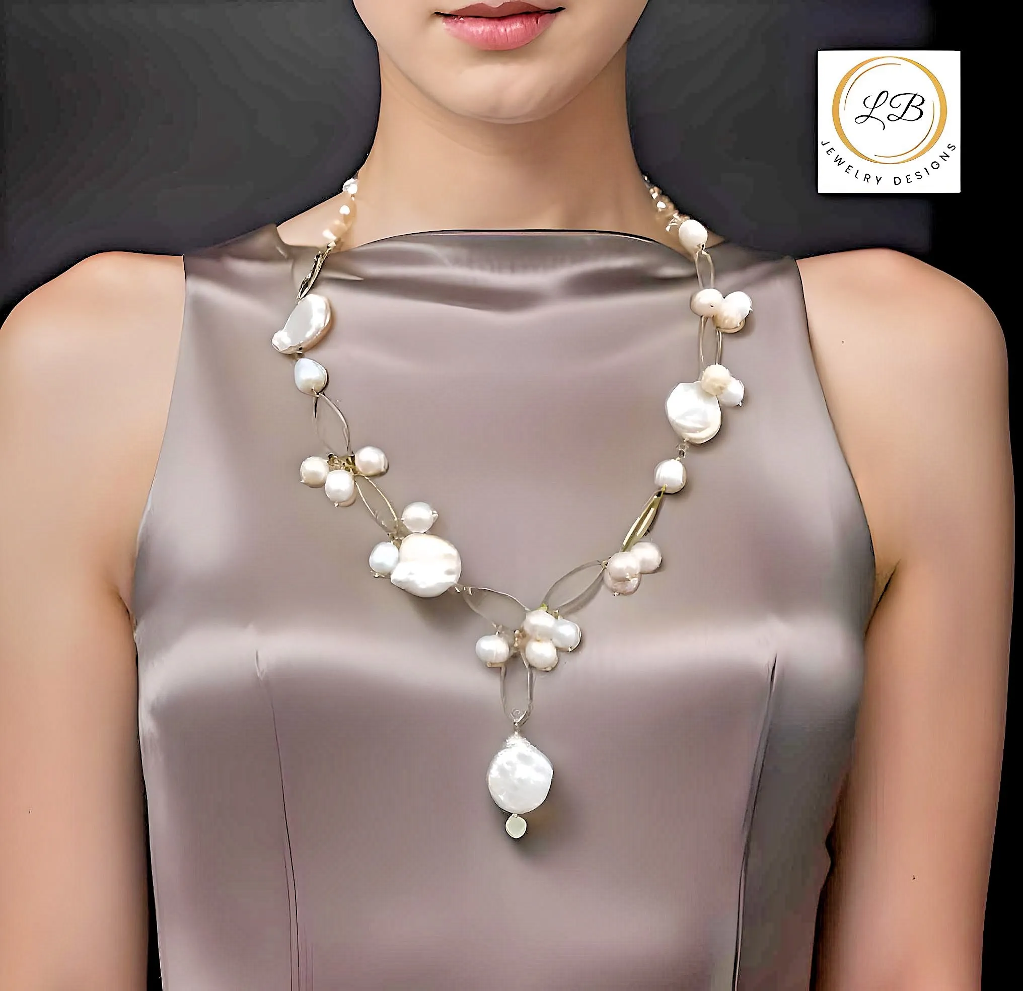 Elegant Freshwater Pearls 18k Gold Chain Statement Necklace 21"