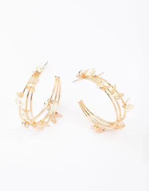 Gold Triple Row Butterfly Hoop Earrings