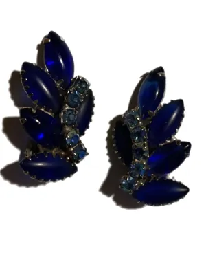 Gorgeous Vivid Blue Navette Rhinestone Clip Earrings circa 1960s