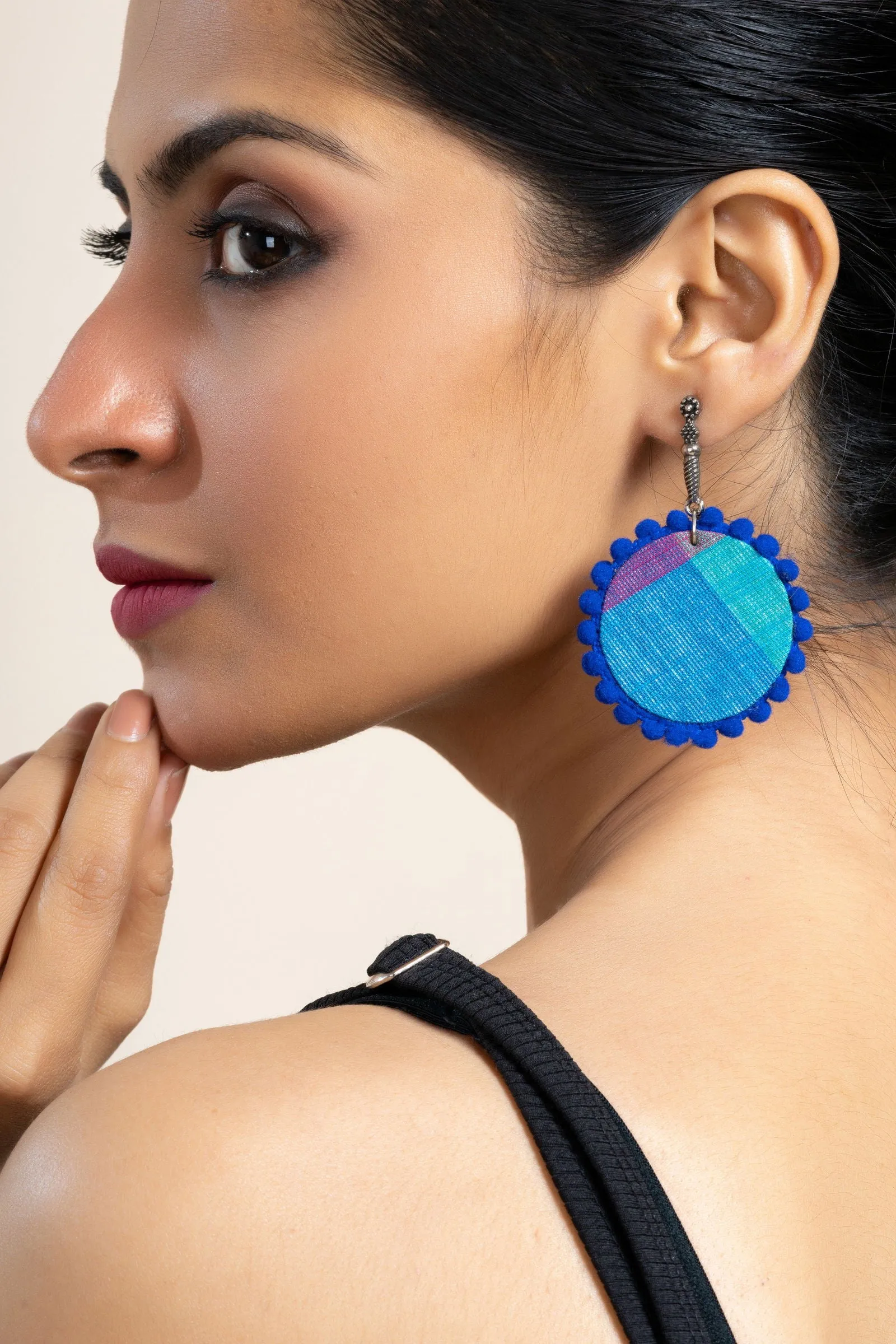 Handmade Turquoise Blue and Pink Fabric Earrings with Oxidized Stud, Unique Cotton & German Silver Jewelry