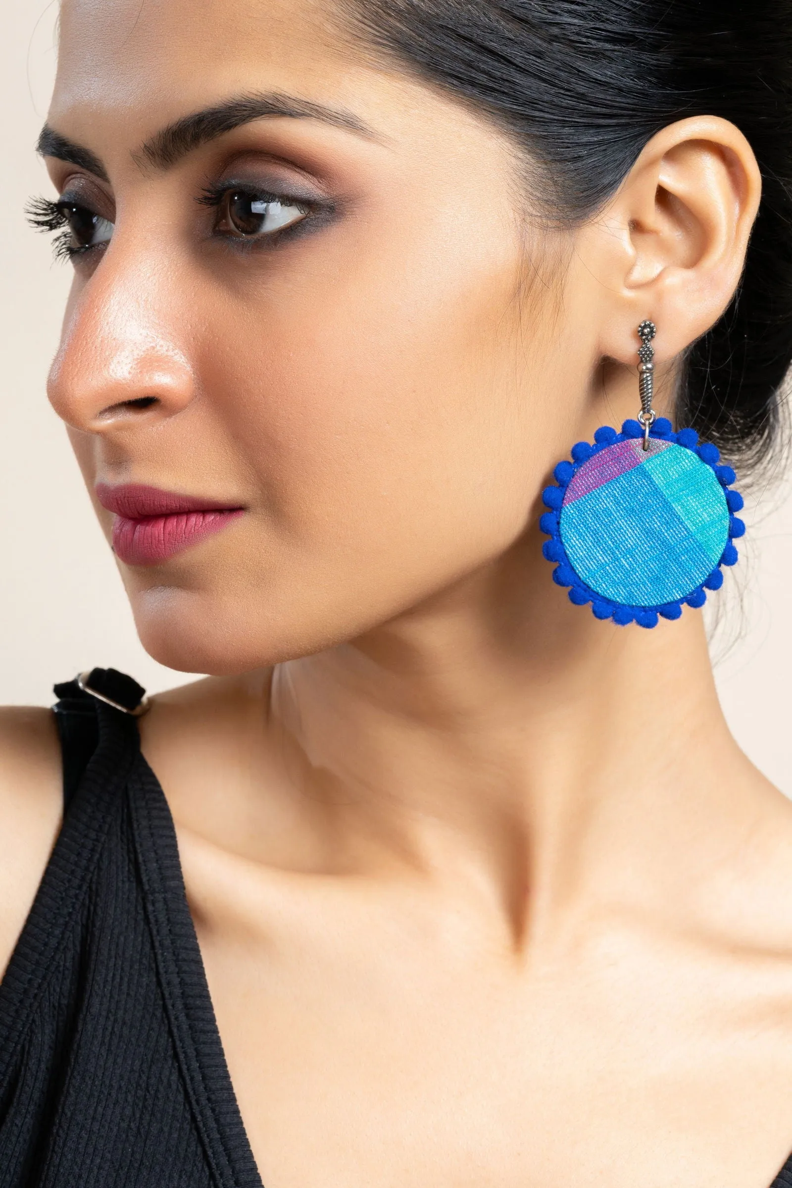 Handmade Turquoise Blue and Pink Fabric Earrings with Oxidized Stud, Unique Cotton & German Silver Jewelry