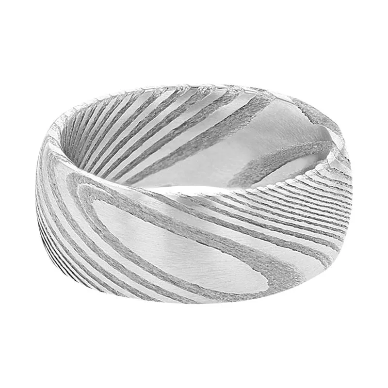 HARMAN Grey Brushed Damascus Steel Men's Wedding Band with Vivid Design Domed - 6MM - 8MM