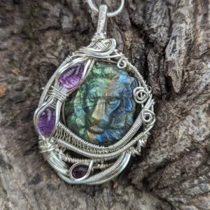 Labradorite Talisman Lion Pendant with Amethyst and Garnet ~ Gorgeous Flash and Astral Protection Qualities ~ Includes Silver Chain