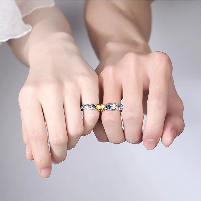 Magnetic Hearts Connecting Spaceman Couple Rings Set