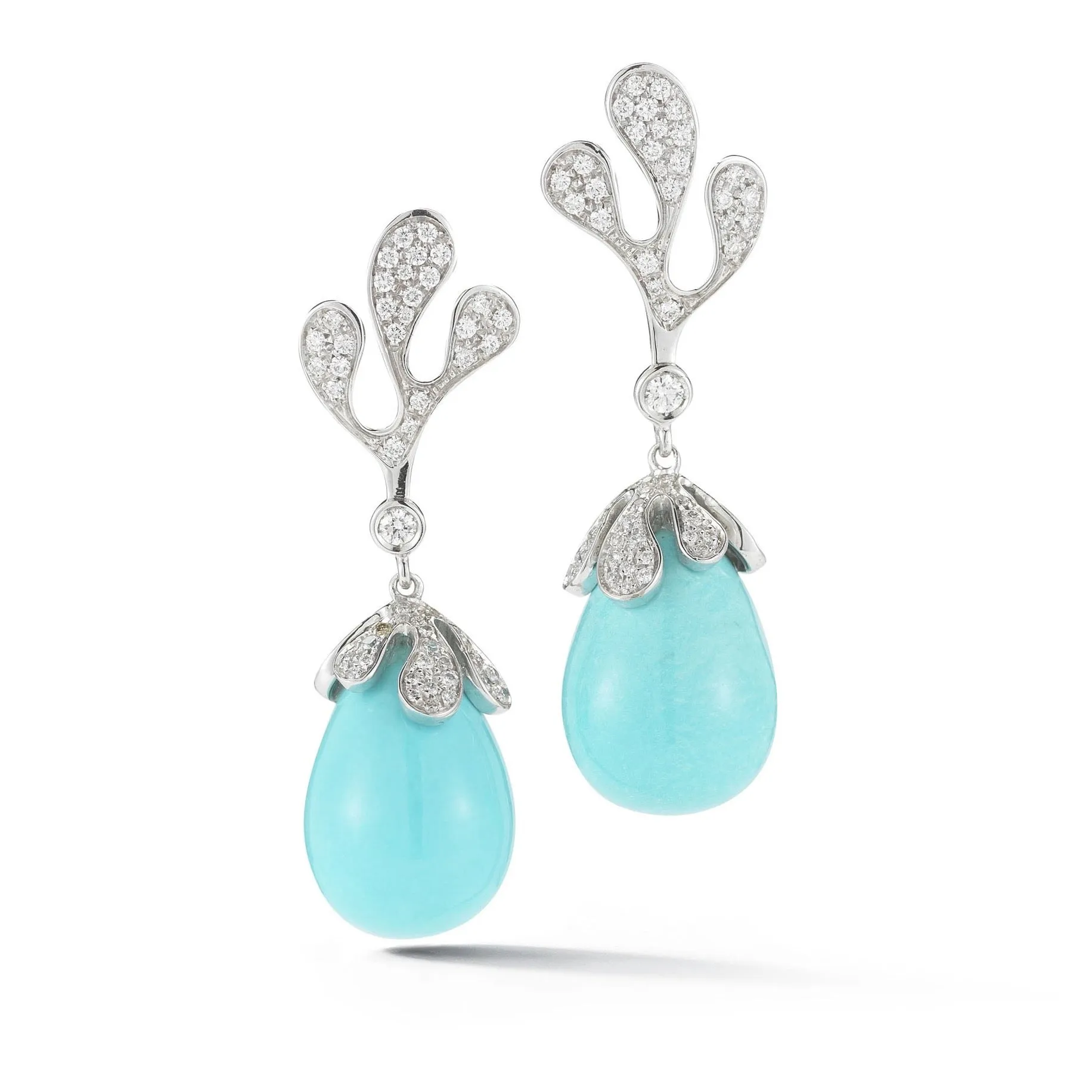 Miseno - Sea Leaf - Drop Earrings with Diamonds and Turquoise, 18k White Gold