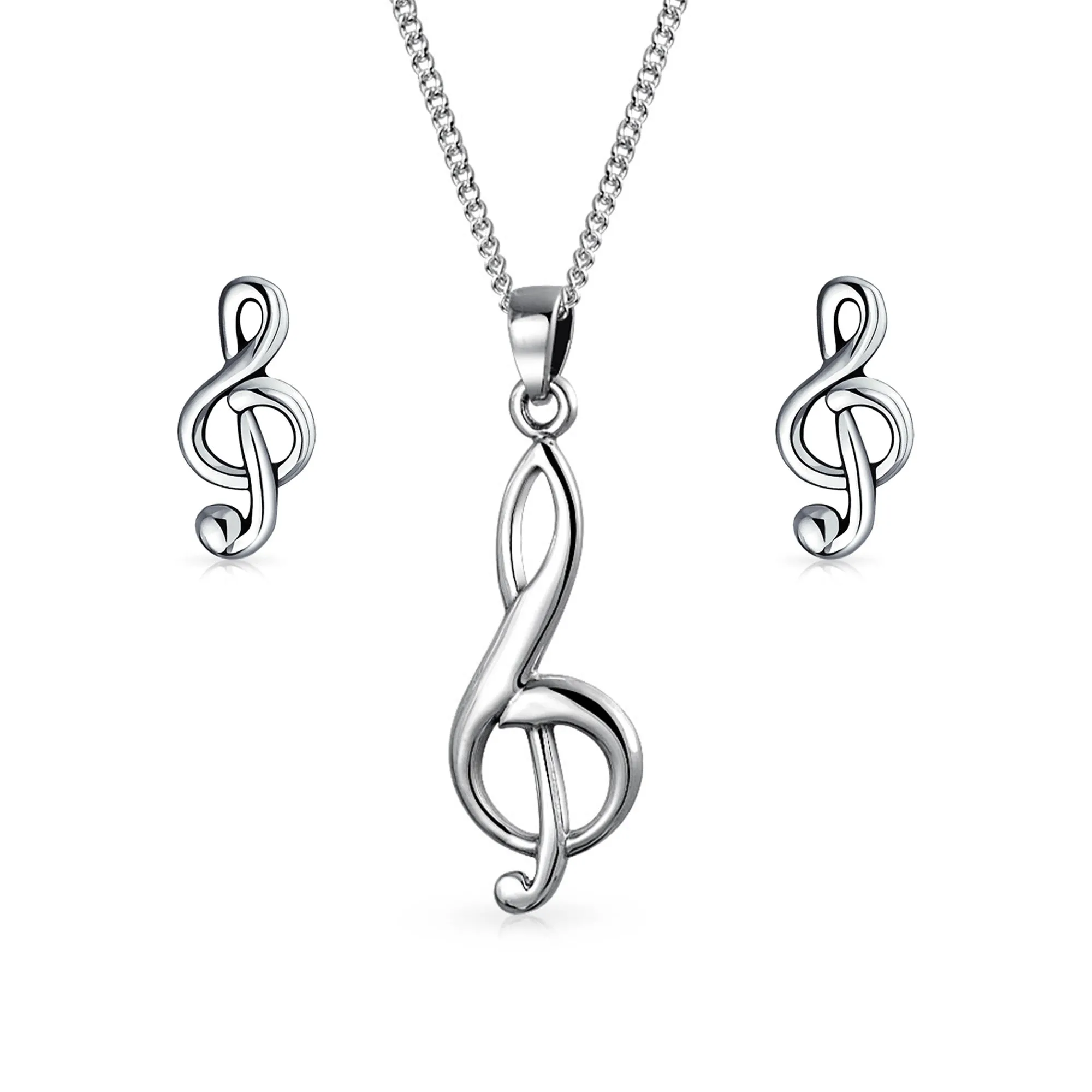 Musician Treble Music Note Earrings Stud & Pendant Necklace Silver Jewelry Set