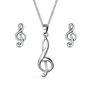 Musician Treble Music Note Earrings Stud & Pendant Necklace Silver Jewelry Set