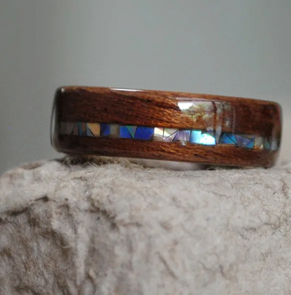 Original Design Wood Ring Engagement Ring Handmade Walnut Abalone Shell Gift Custom Made Wooden