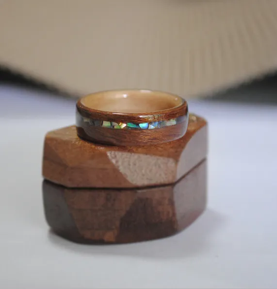 Original Design Wood Ring Engagement Ring Handmade Walnut Abalone Shell Gift Custom Made Wooden