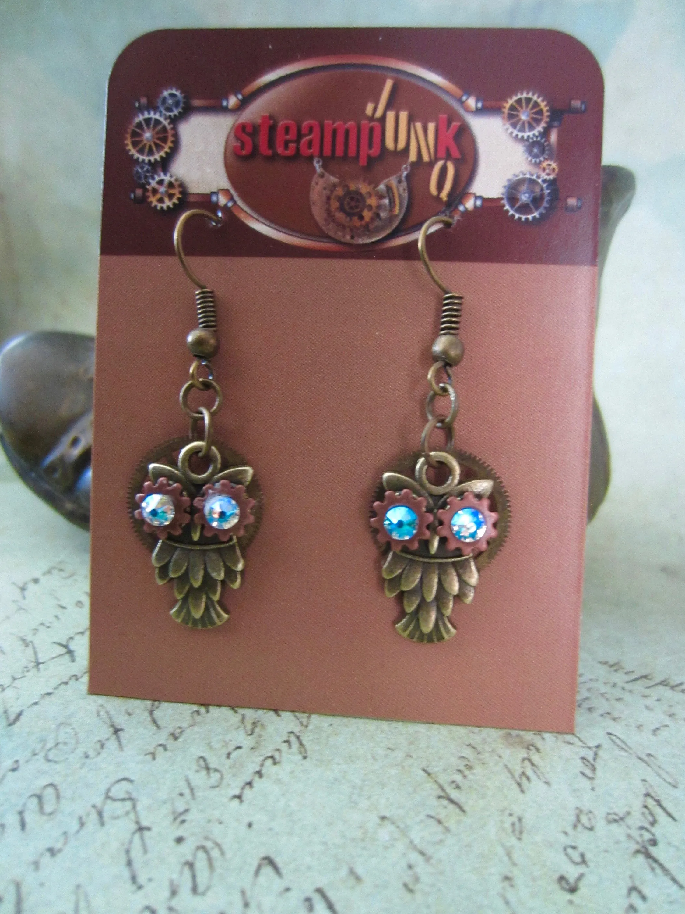 Owl Earrings, Steampunk, Unique Earrings, Weird Earrings, Dangle & Drop, Lightweight Earrings, Cool Earrings, Topaz shimmer Borealis