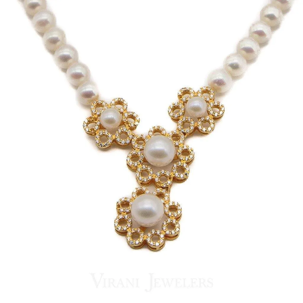 Pearl Necklace & Earring Set in 22K Yellow Gold W/Floral Drop Setting Set with Cubic Zirconia & Pearls