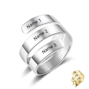 Personalized 3 Name Engraved Stainless Steel Adjustable Ring, 2 Color Options, Fashion Jewelry Gift for Women