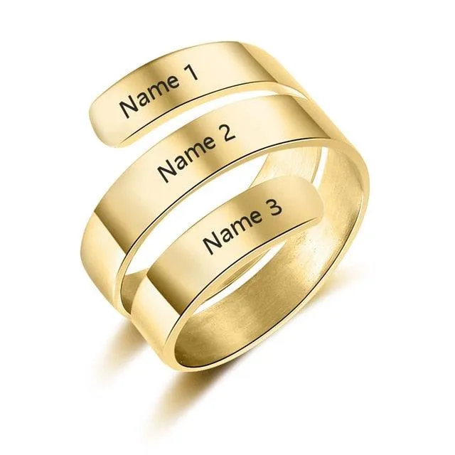 Personalized 3 Name Engraved Stainless Steel Adjustable Ring, 2 Color Options, Fashion Jewelry Gift for Women