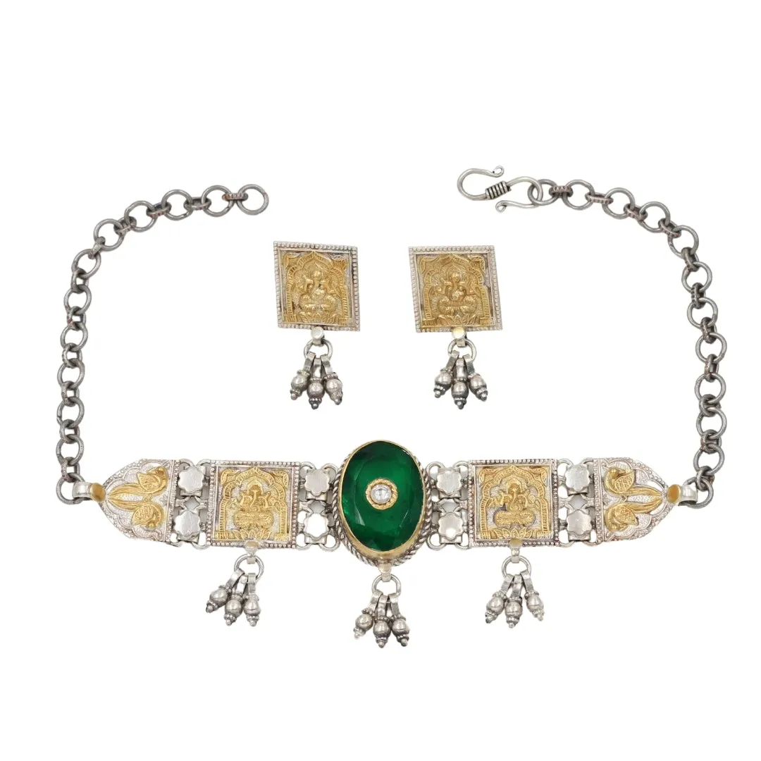 Radiant Duo: Sangeeta Boochra Silver and Emerald Necklace Set