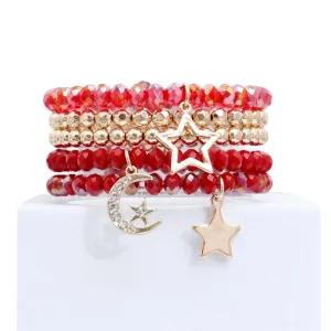 Red Glass and Gold Tone Star Charms Bracelet Set