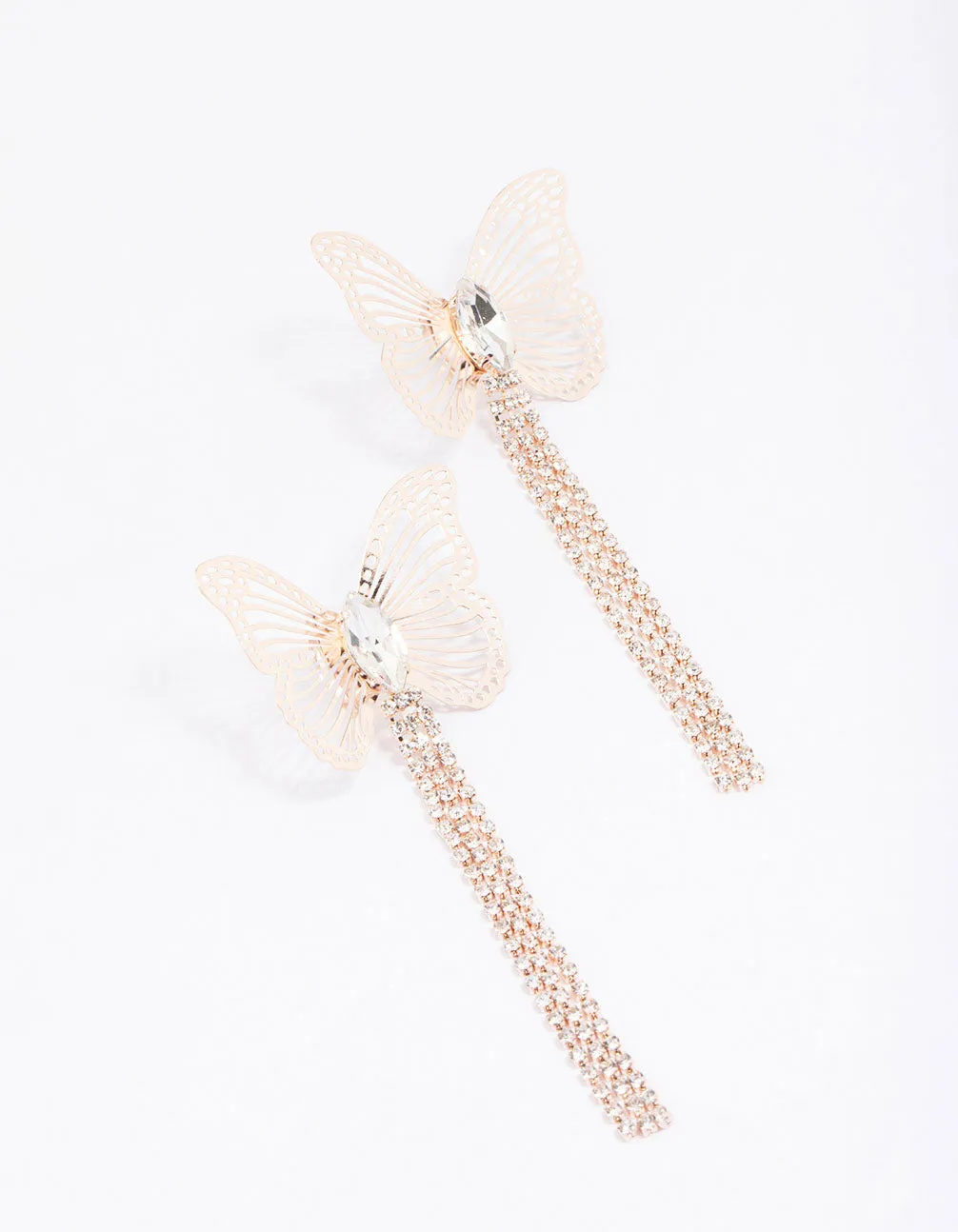 Rose Gold Butterfly Diamante Cupchain Drop Earrings